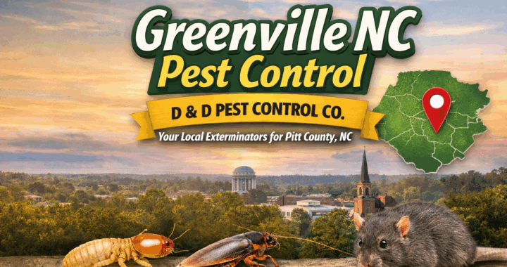Featured image representing Greenville NC Pest Control, showing the Greenville, North Carolina skyline at sunset with a Pitt County service area.