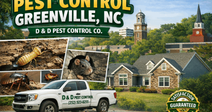 Pest control services in Greenville, North Carolina by D & D Pest Control Co., featuring a company truck parked in a residential driveway with images of termites, ants, cockroaches, bed bugs, rodents, and other common household pests, serving homes and businesses throughout Greenville NC and Pitt County with professional exterminator and termite control services.