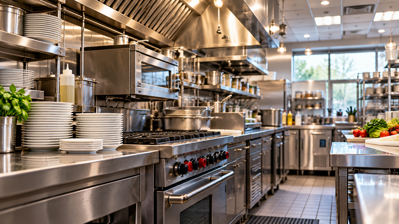 Clean commercial restaurant kitchen representing professional commercial pest control in Greenville, NC