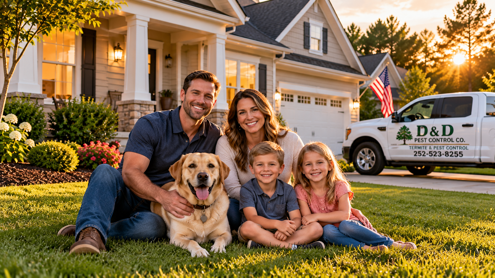 Family outside their home with D & D Pest Control Co. service truck representing professional pest and termite control in Greenville, NC