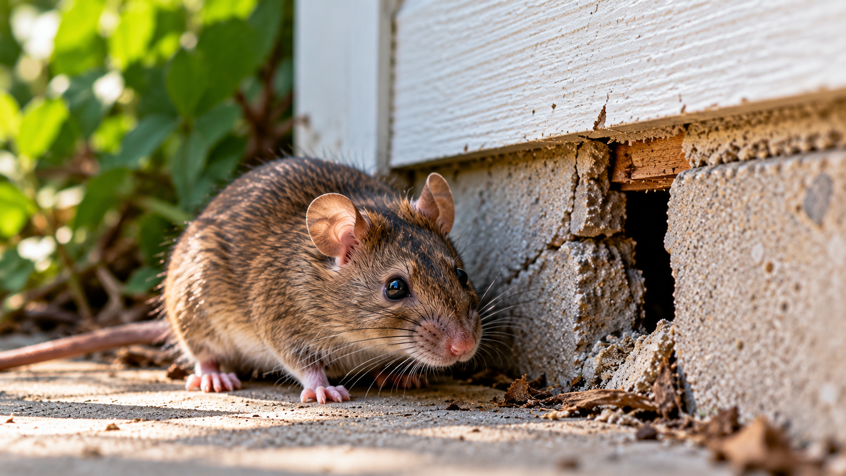 Mouse beside a foundation entry point representing professional rodent control and exclusion in Greenville, NC