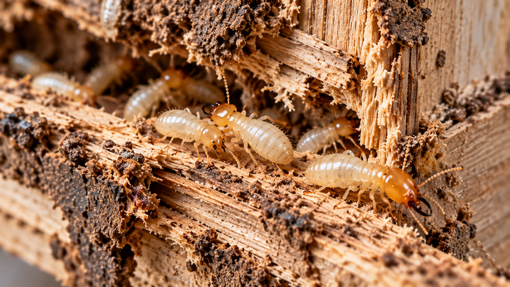 Subterranean termites damaging structural wood representing termite control in Greenville, NC