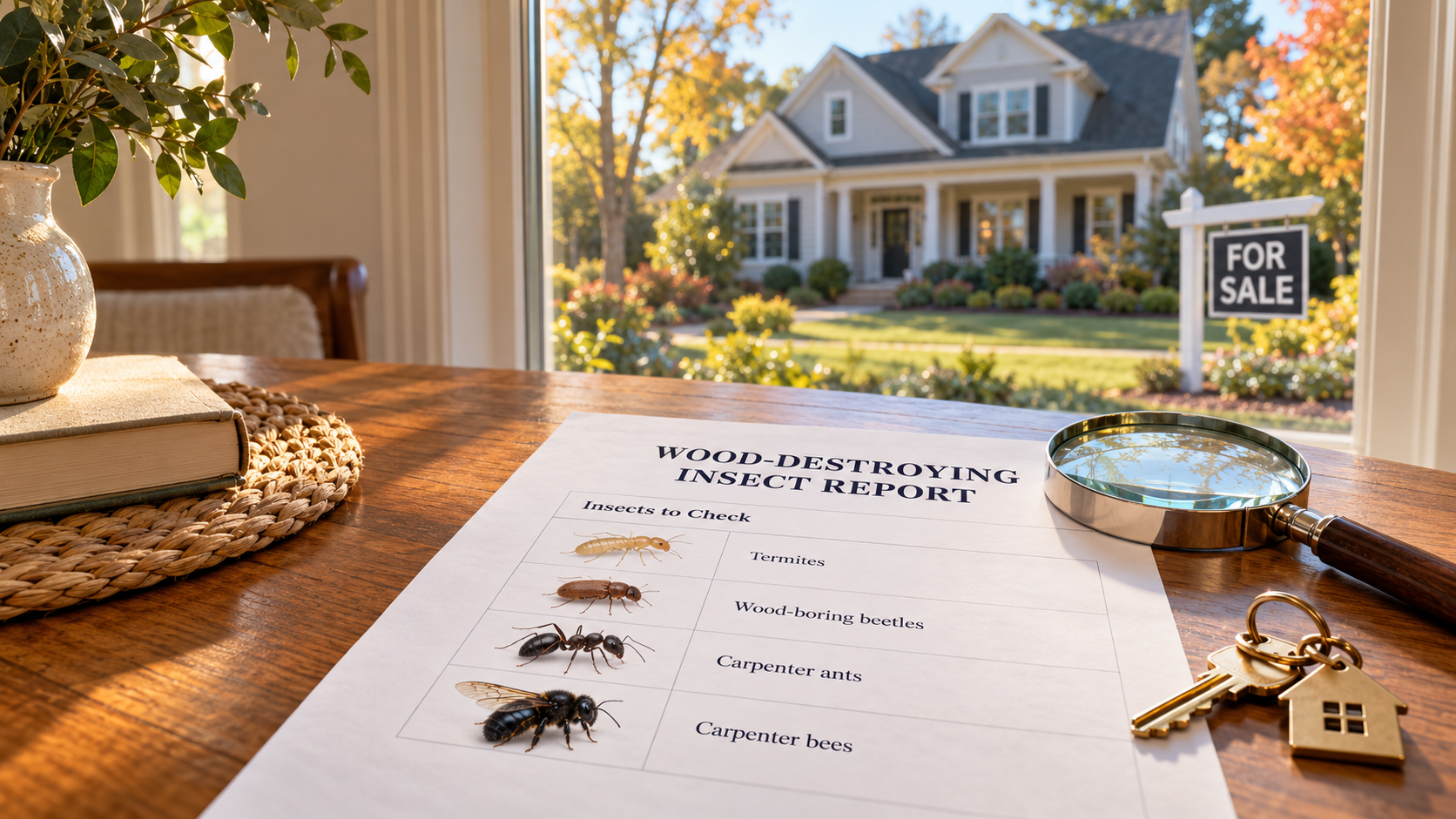 Wood-destroying insect checklist showing termites, wood-boring beetles, carpenter ants, and carpenter bees beside a Greenville, NC, home for sale.