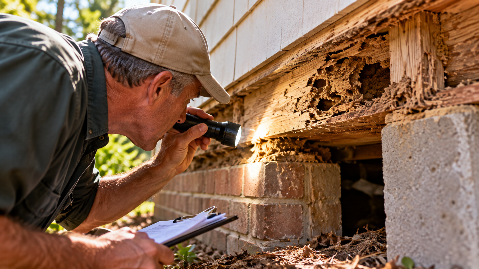 Professional inspector examining termite-damaged wood during a Wood Destroying Insect Report in Greenville, NC
