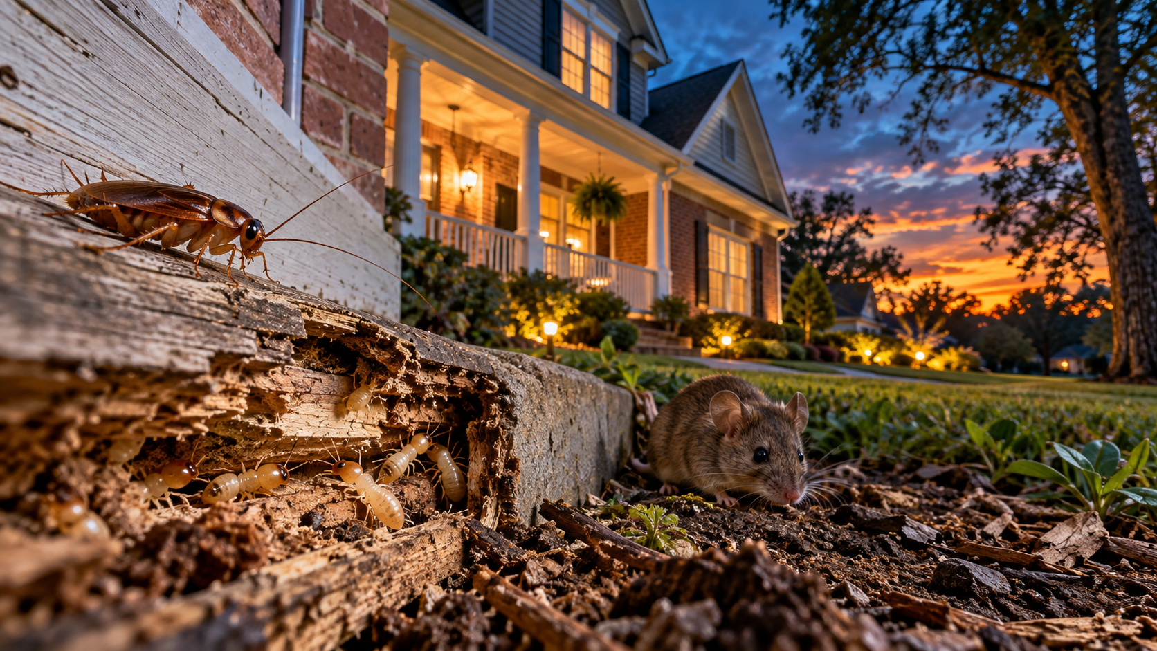 Cockroach, termites in damaged wood, and a mouse near a home’s foundation at dusk, illustrating common household pest problems.