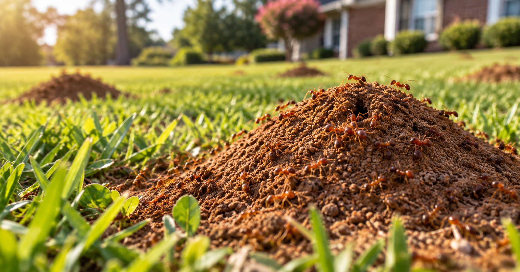 Fire ant mounds with active red imported fire ants in a Pitt County, North Carolina lawn