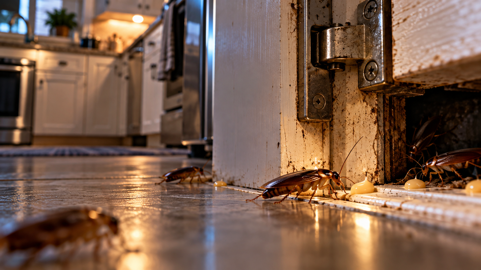 German cockroaches feeding on insecticide gel bait near kitchen cabinet hinges, demonstrating targeted German cockroach baiting and pest control in Greenville, NC, and Pitt County.