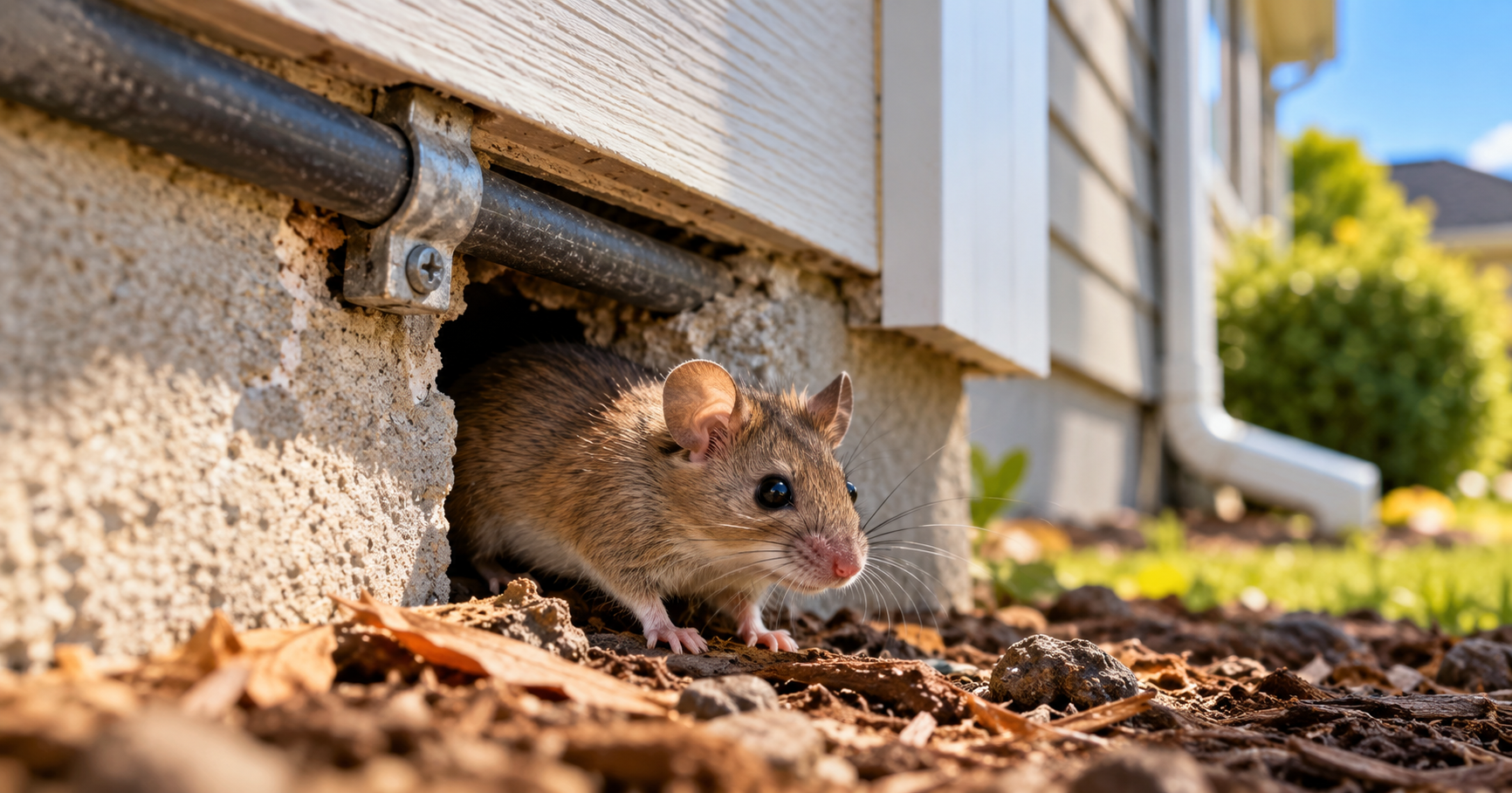 Mouse entering through a small foundation gap in a Greenville, NC home, showing a common rodent entry point homeowners should inspect.
