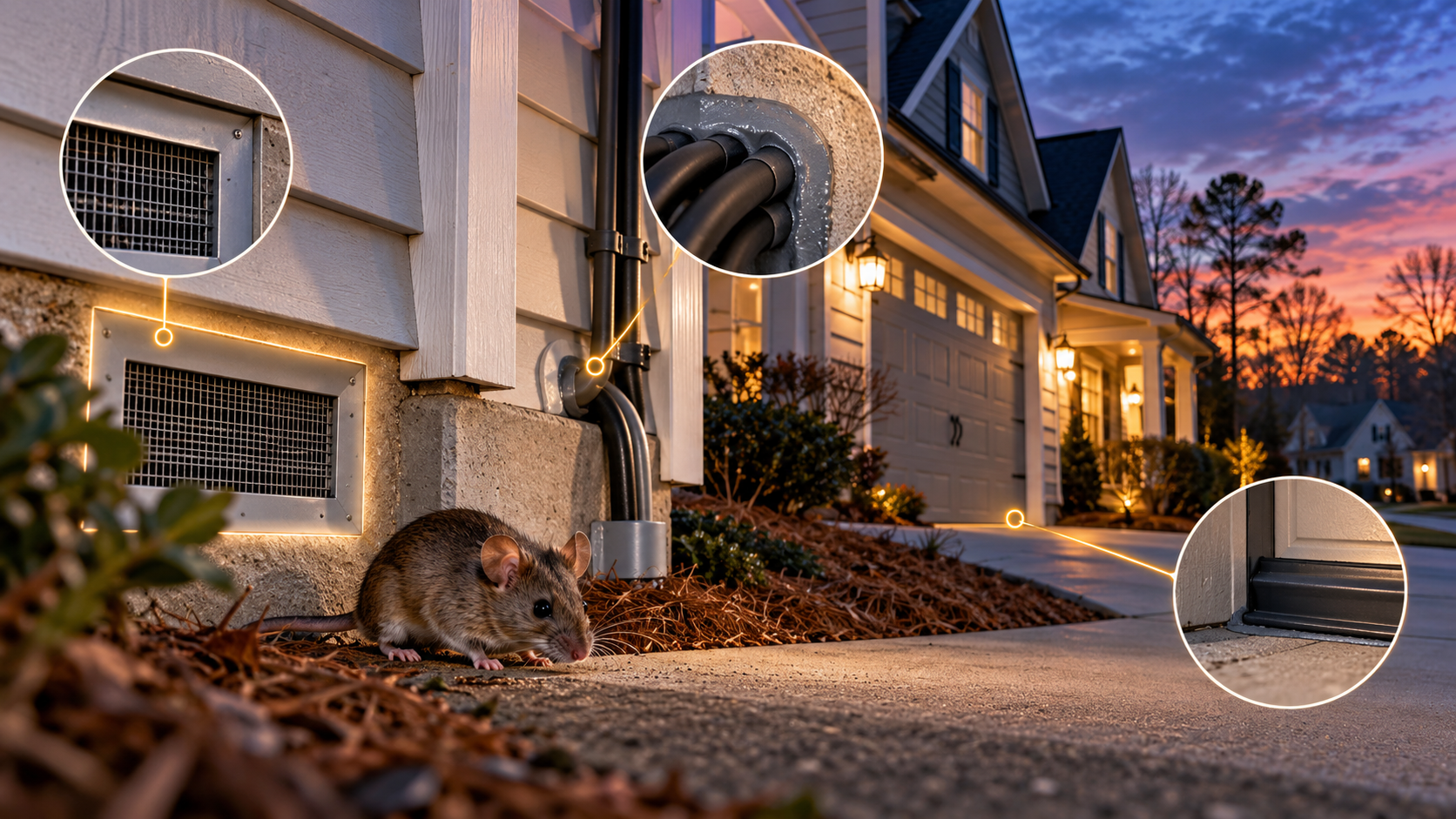 Winter mouse and rodent proofing in Greenville NC showing a mouse near a home foundation, sealed crawlspace vent, utility entry points and garage door exclusion areas.