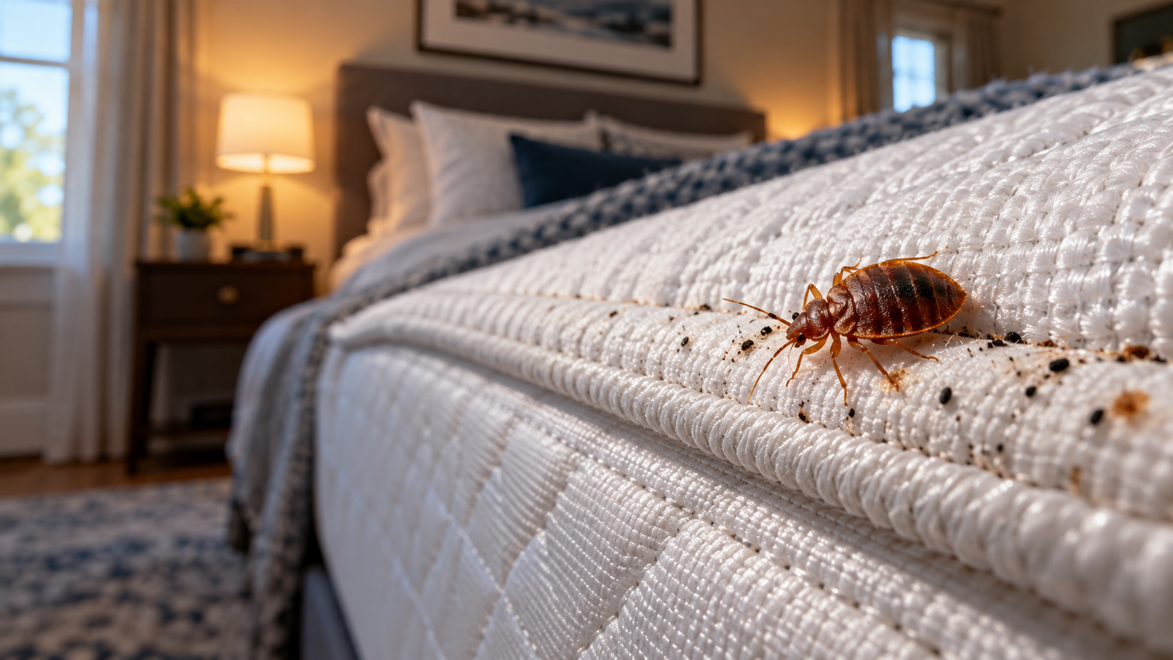 Close-up of a bed bug crawling along a mattress seam, illustrating bed bug signs and infestations for Greenville, North Carolina homeowners.